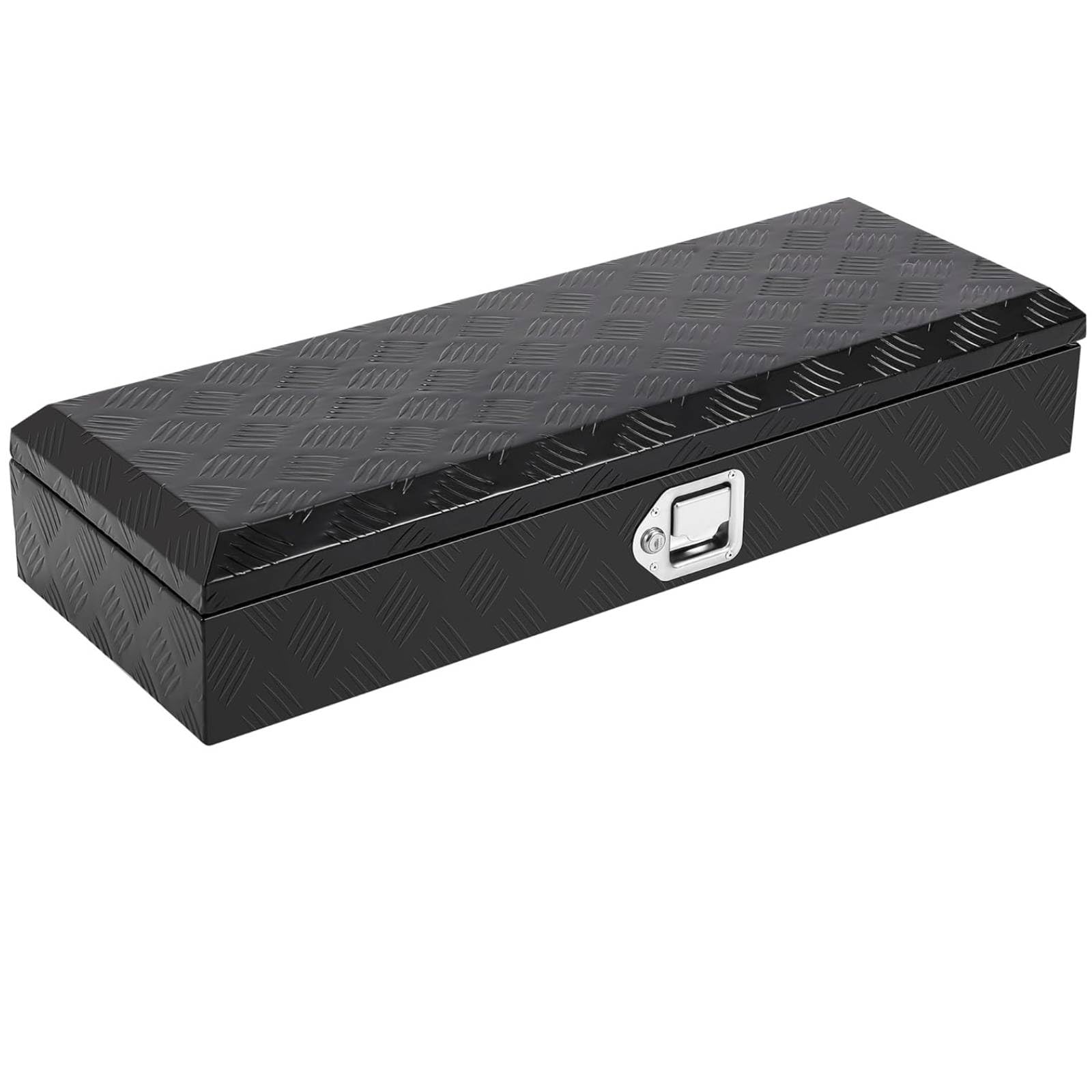 Black aluminum truck tool box with diamond plate surface
