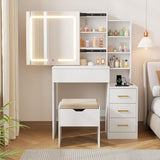Garvee Makeup Vanity Desk with Sliding Mirror & Lights, 4 Drawers, Charging Station, Soft Cushion Stool, White, Bedroom