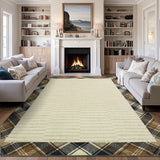 Garvee Modern Checkered Bordered 9x12 Rug Washable Stain Resistant Soft Low Pile Non Slip Foldable Indoor Living Room Bedroom - Beige