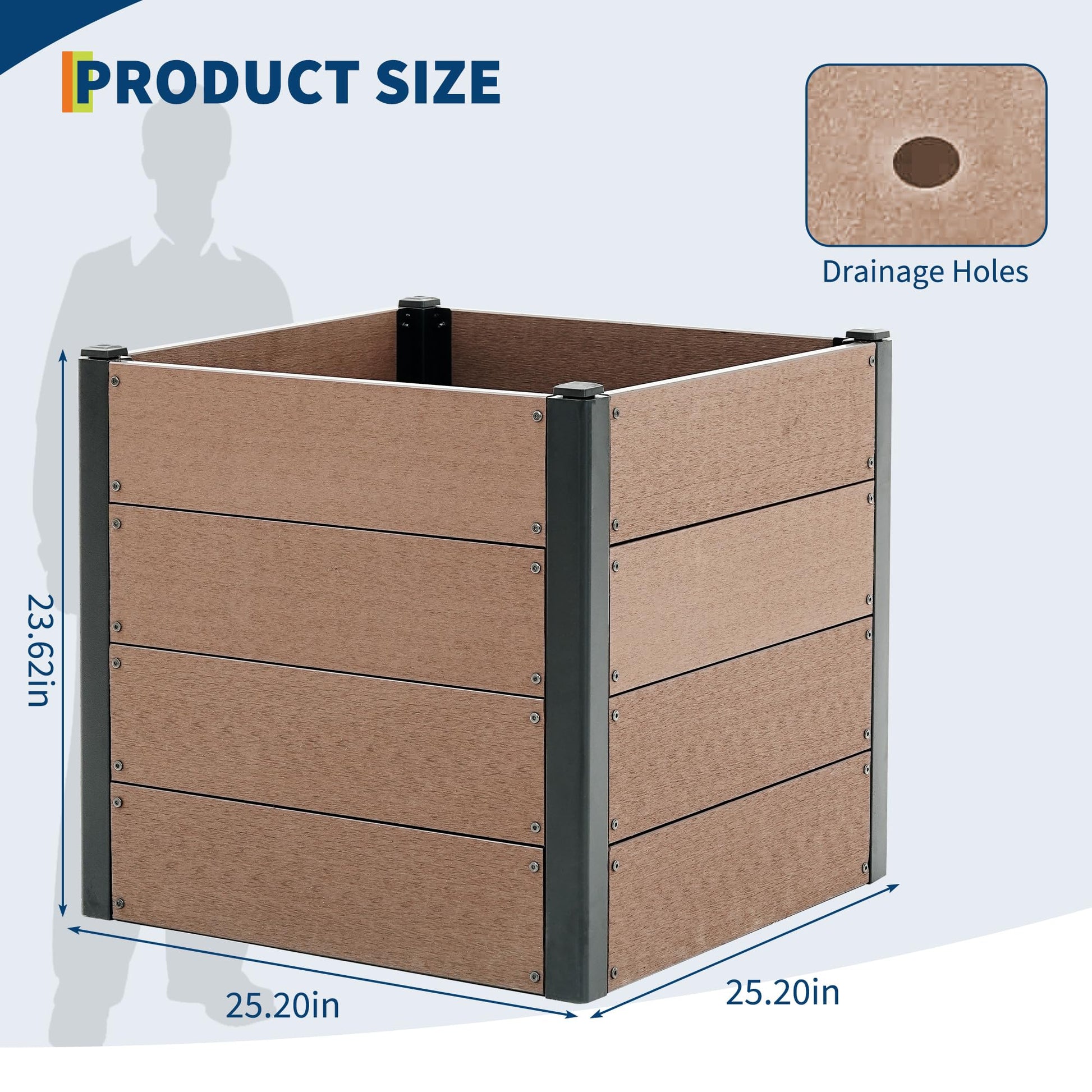 Garvee 25" x 25" x 23" Wood Look Raised Garden Bed with Bottom, Outdoor Planter Box for Vegetables & Herbs, Durable Composite Deep Root Bed, Backyard Patio, Brown