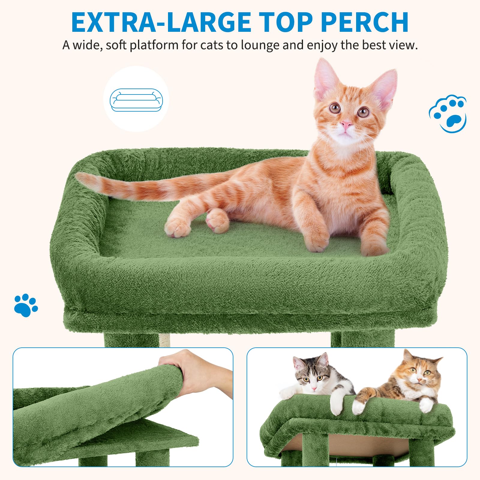 green cat tree showing 17.7 inch by 15.7 inch cushioned top perch for large cats