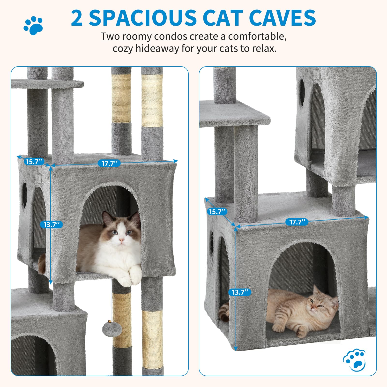 light gray cat tree with two spacious enclosed condos for resting cats
