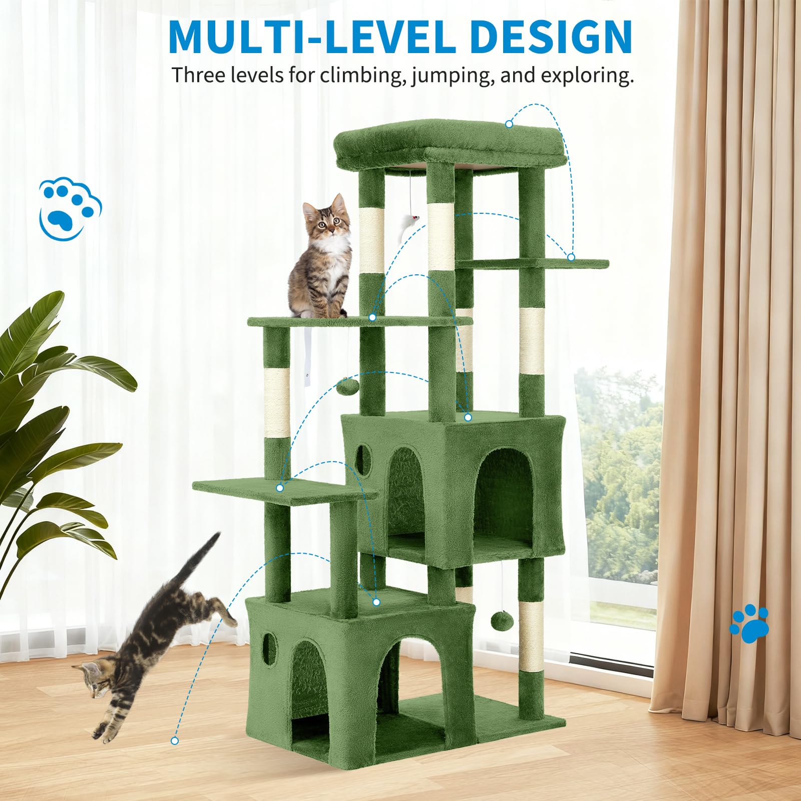 green multi level cat tree showing climbing routes and elevated platforms