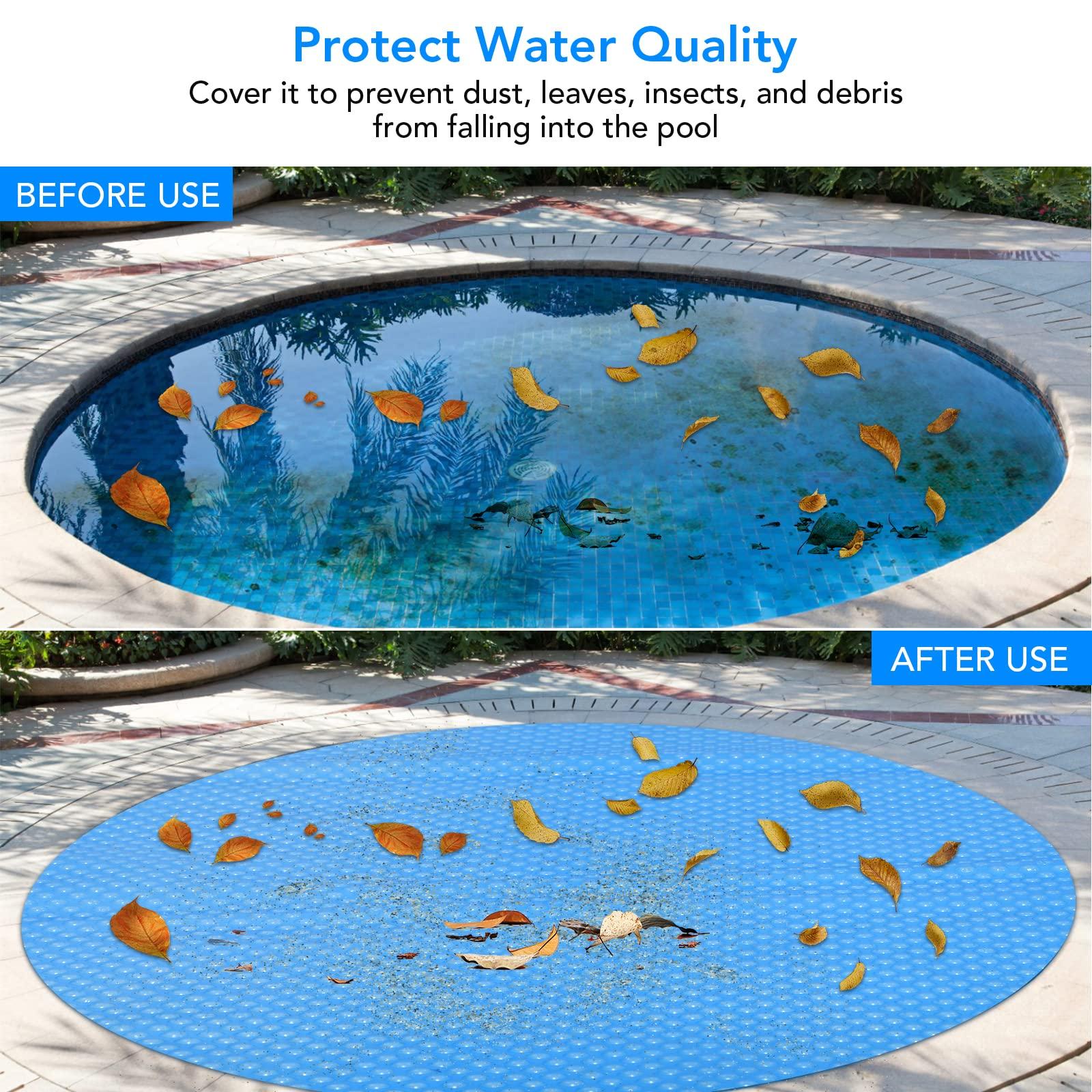Before and after comparison of pool debris above a blue solar cover