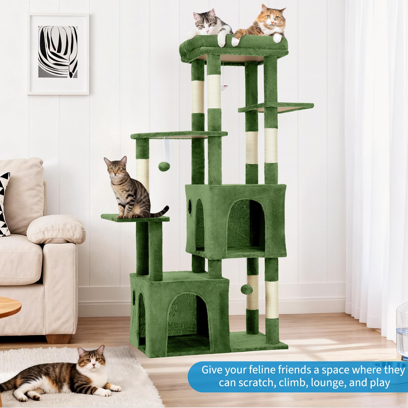 Sisal scratching posts and play space on cat tower