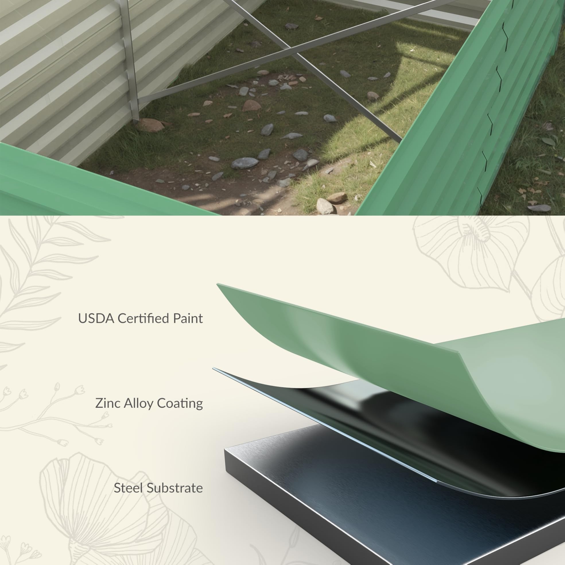 Green raised garden bed steel panel detail with coating layers and bracing bars