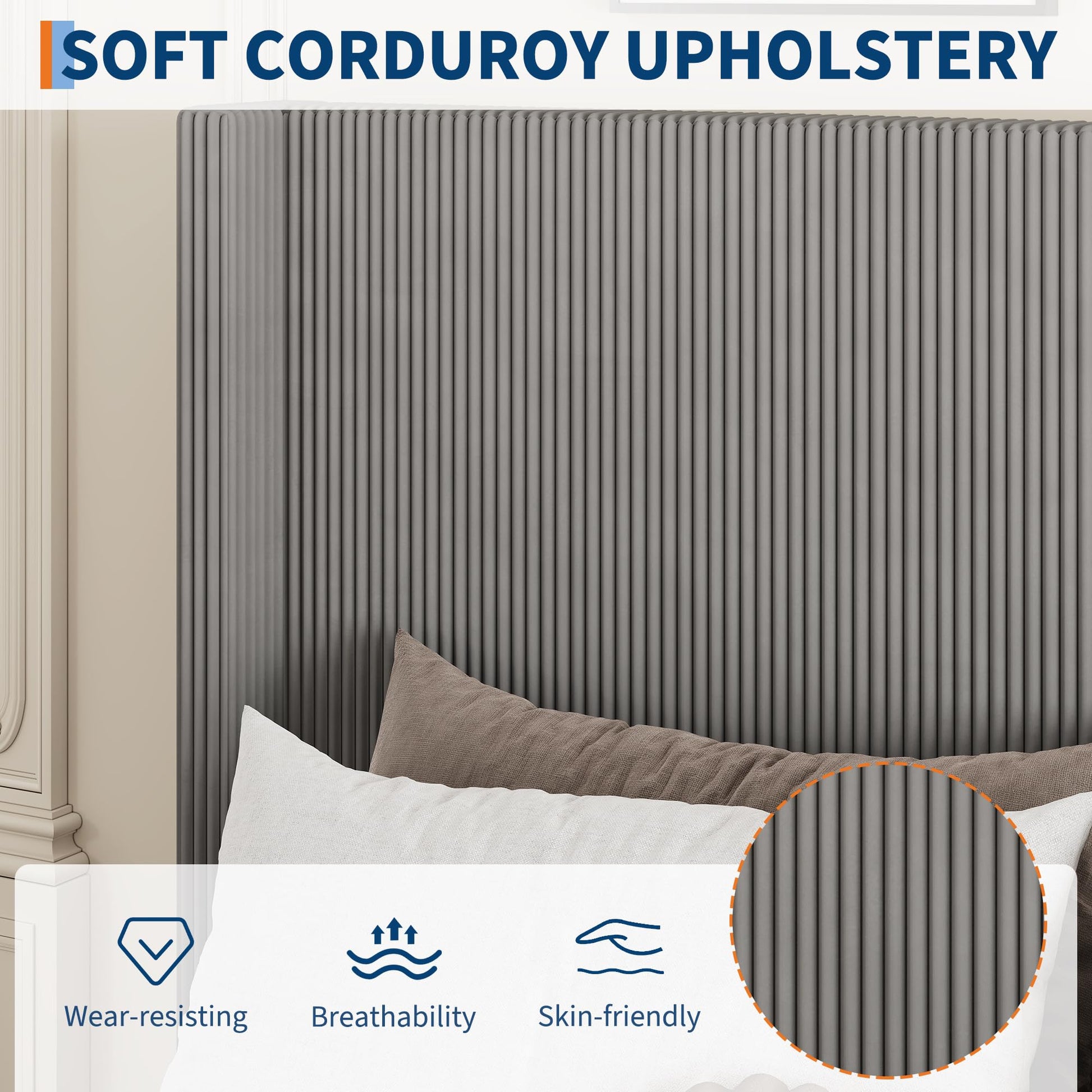 Garvee Bed Frame Queen Size with 4 Storage Drawer, Bed Frame with Headboard and Corduroy Vertical Channel Tufted Wingback, Sturdy Wooden Slats Support, Noise Free, Grey