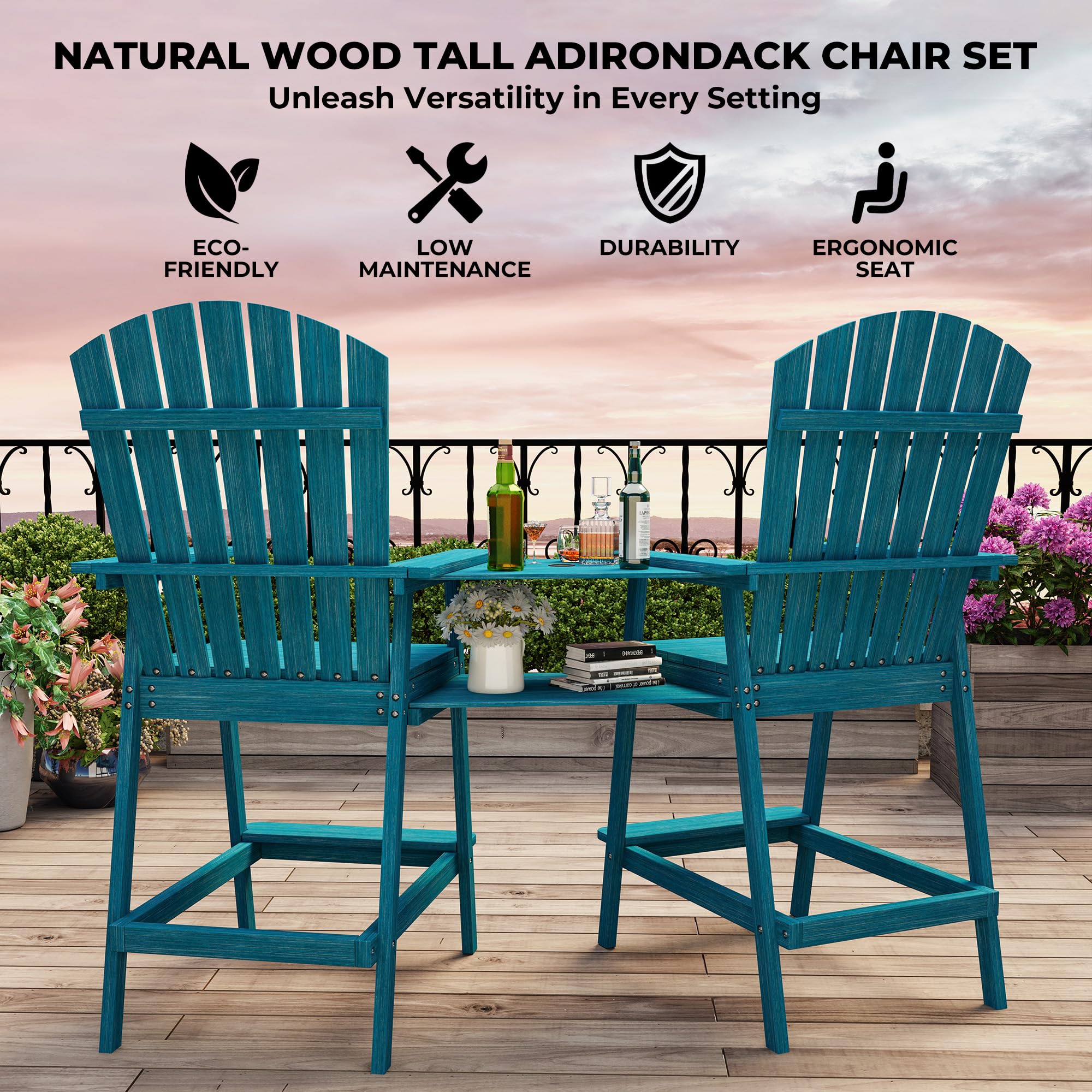 Distressed Blue bar height Adirondack chair set on a patio with material benefit icons