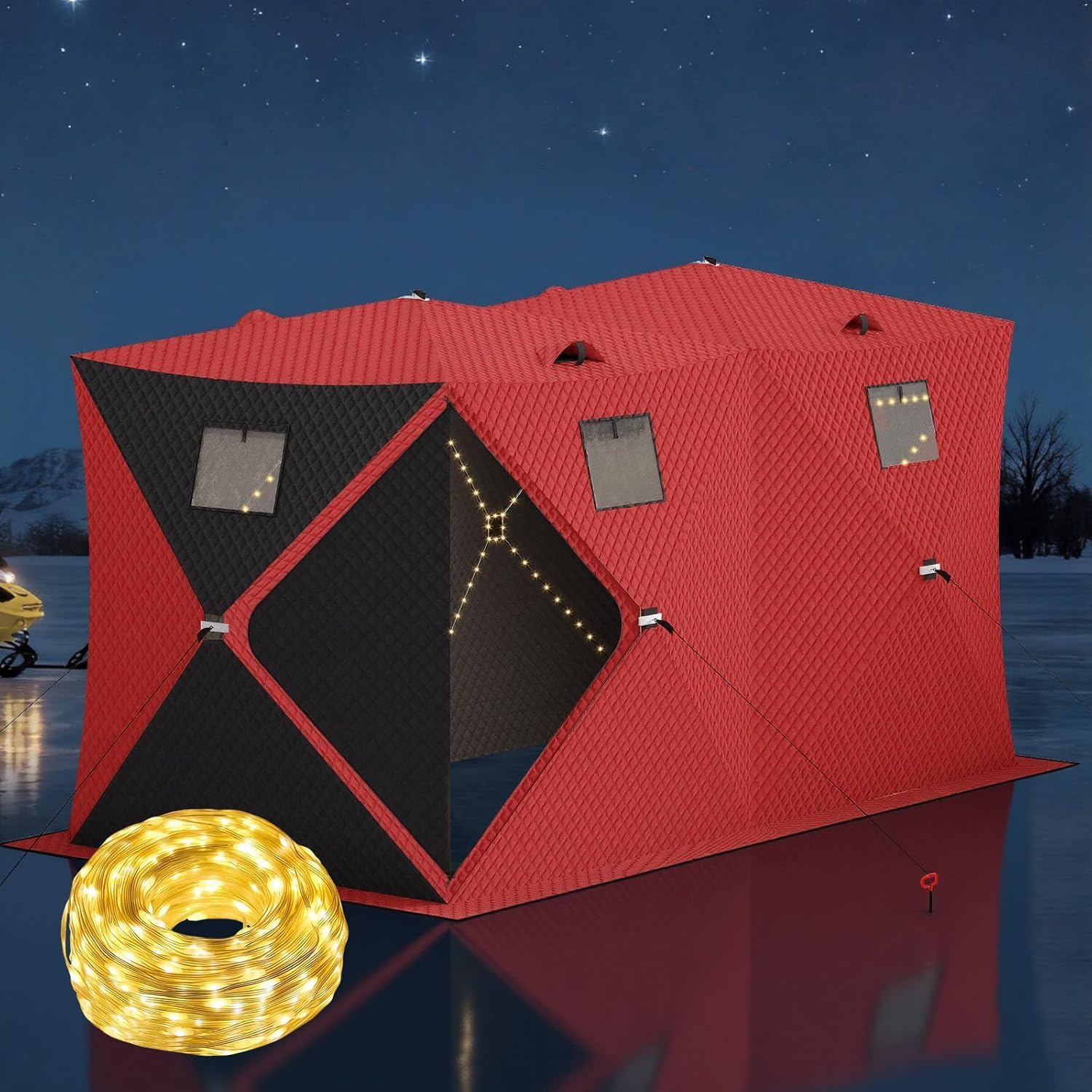 Ice fishing shelter with LED light strip for night fishing