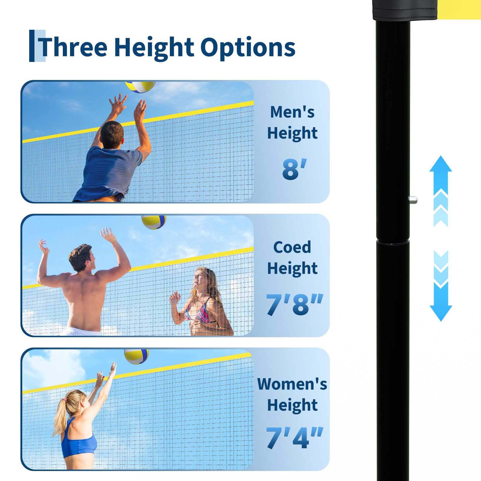Three adjustable volleyball net height options
