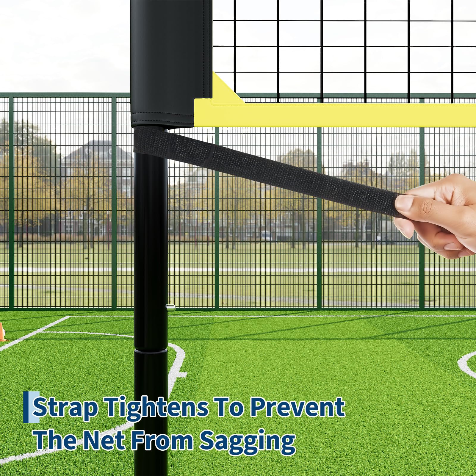 Adjustable strap helps keep volleyball net from sagging