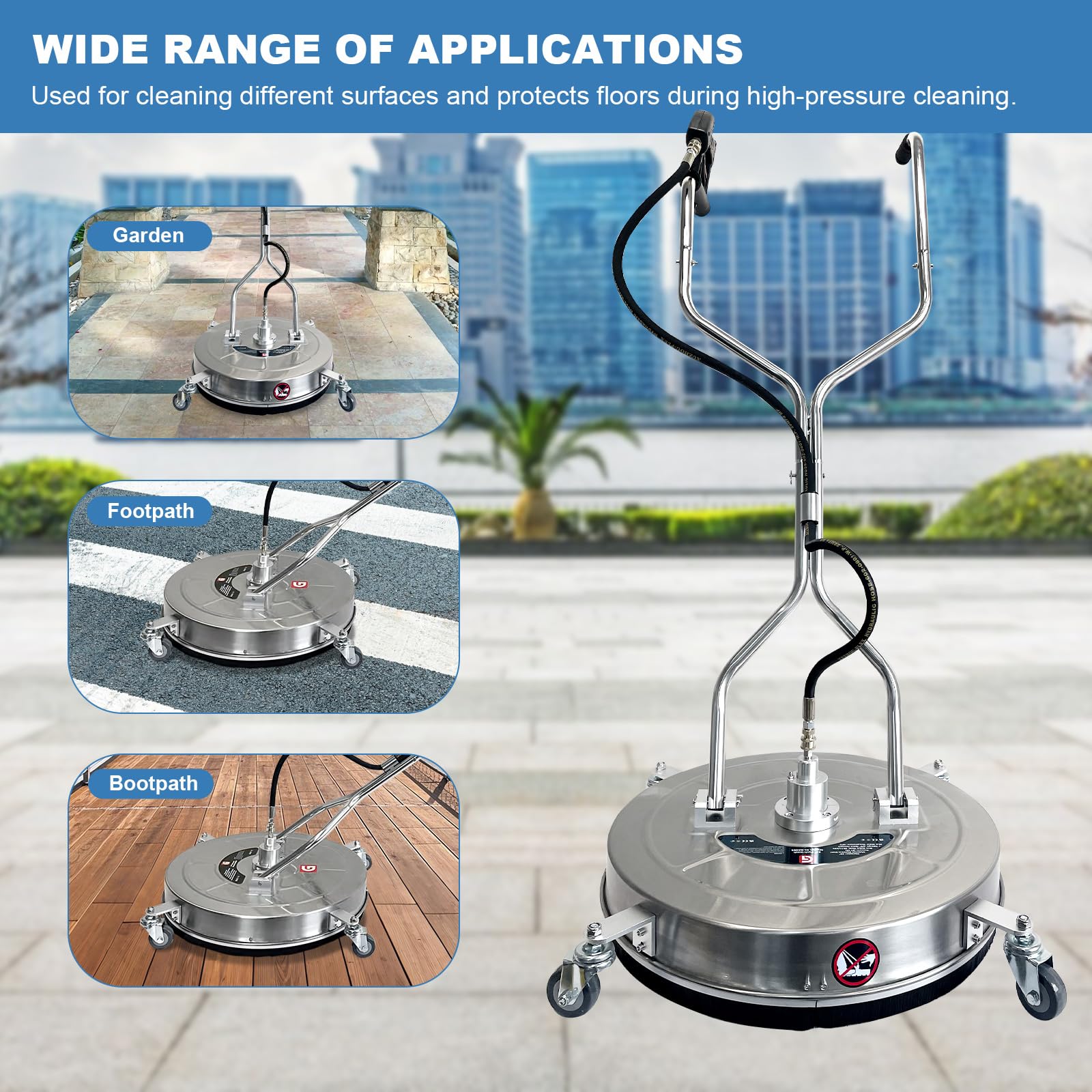 20 inch pressure washer surface cleaner shown across garden path and deck cleaning applications