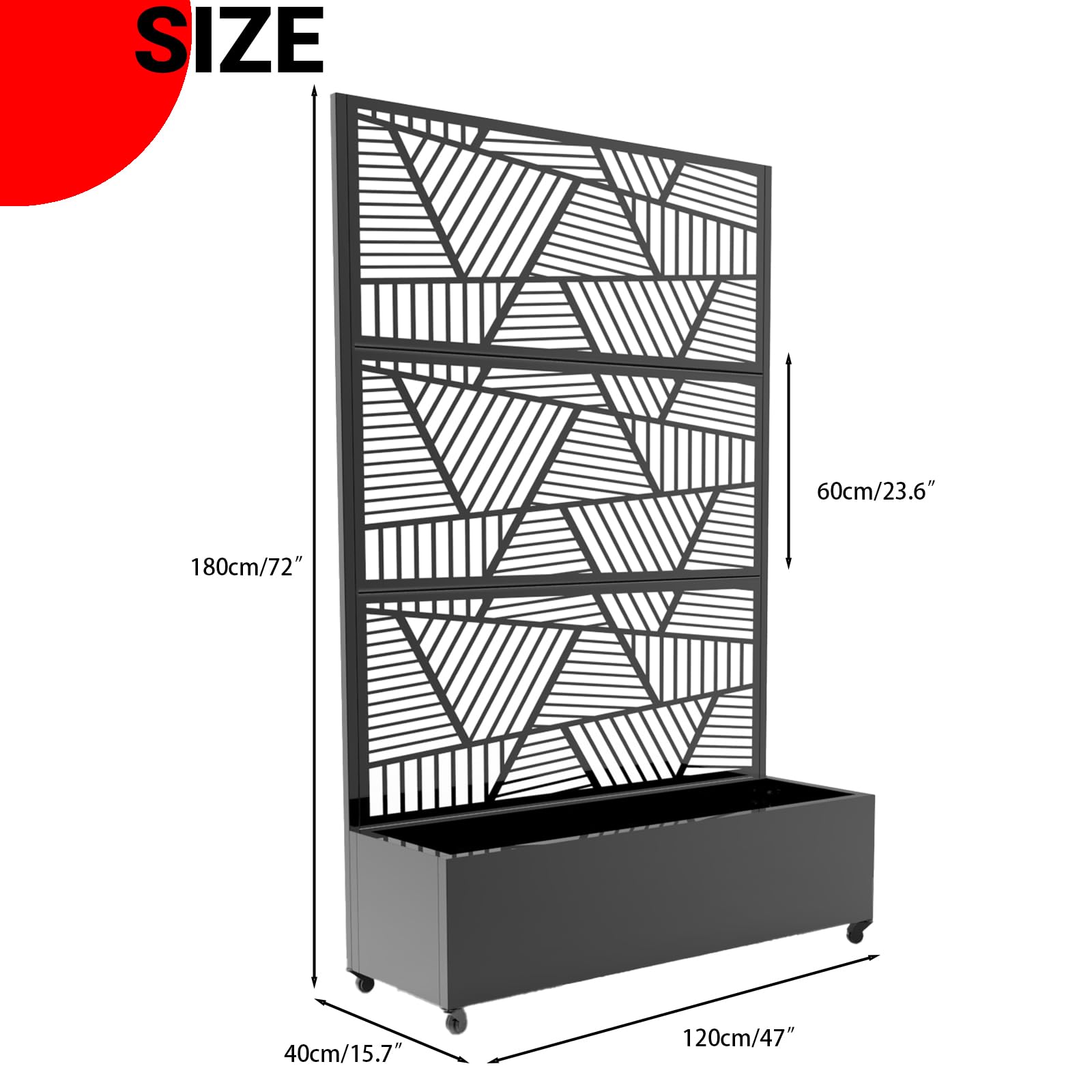 Dimensions of Garvee 72 inch by 47 inch metal privacy screen planter