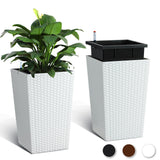 Garvee 16 Inch Tall Rattan Planter Set of 2 with Water Level Monitor & Wheels, Durable Weather-Resistant Plastic, Self-Watering, White, for Patio & Indoor - White