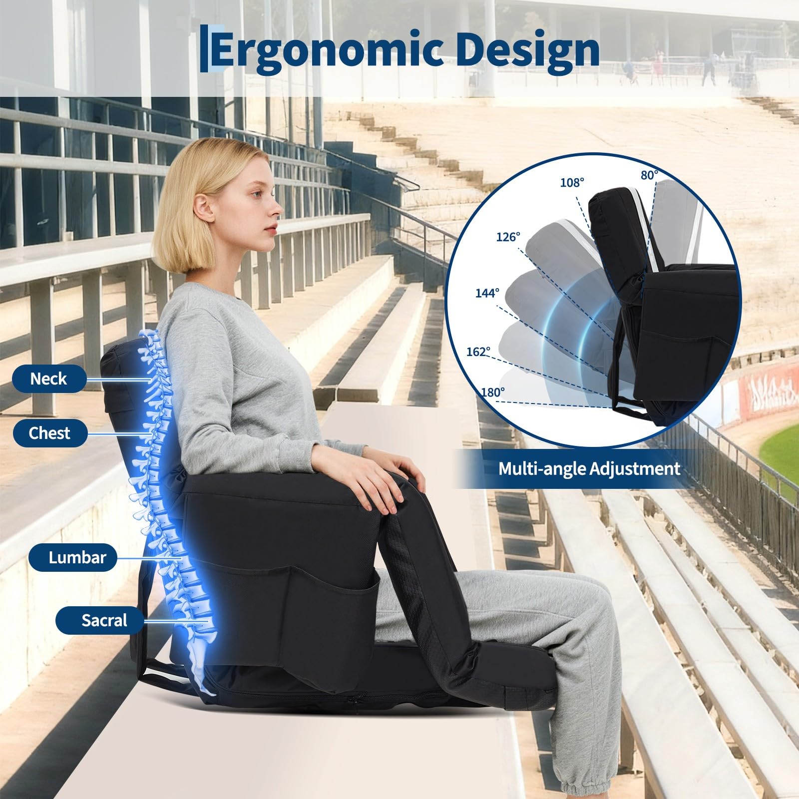 Garvee black and gray stadium seat showing 6-position reclining ergonomic back support