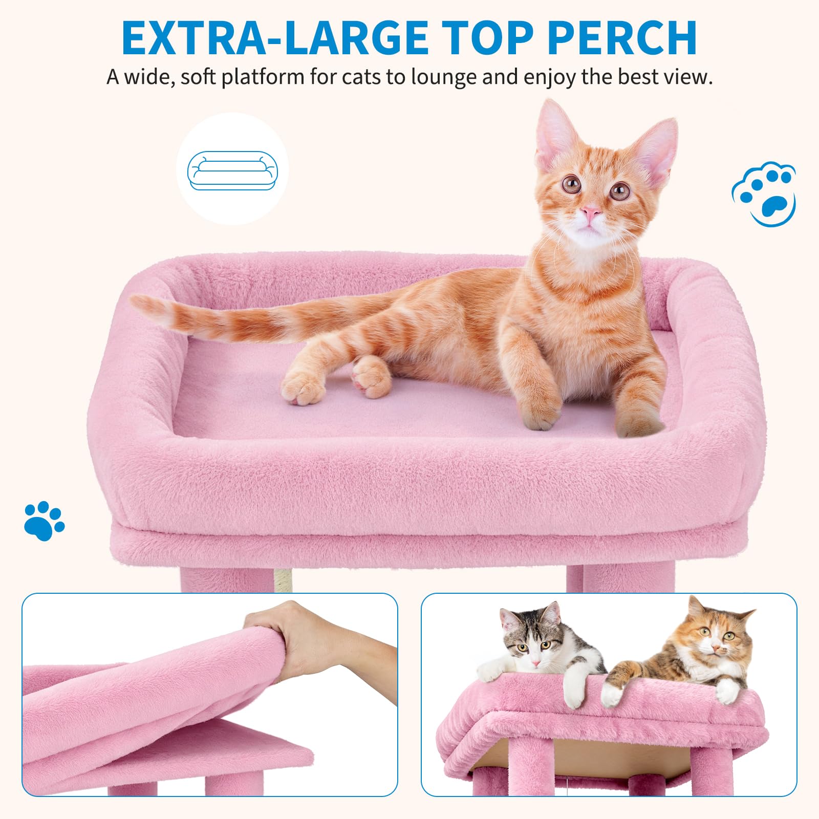 pink cat tree showing 17.7 inch by 15.7 inch cushioned top perch for large cats