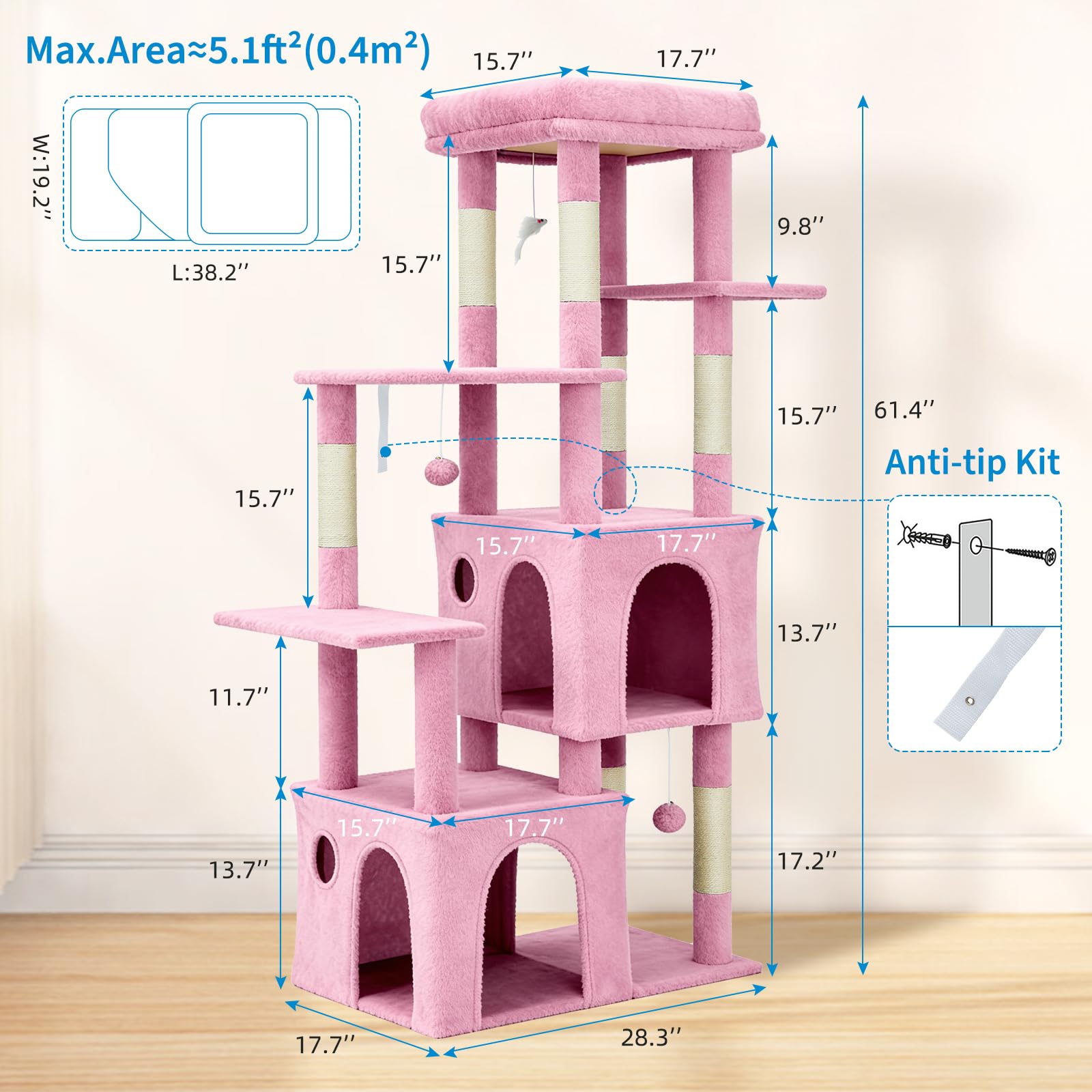 pink 61 inch cat tree with labeled dimensions, wide footprint, and anti tip kit