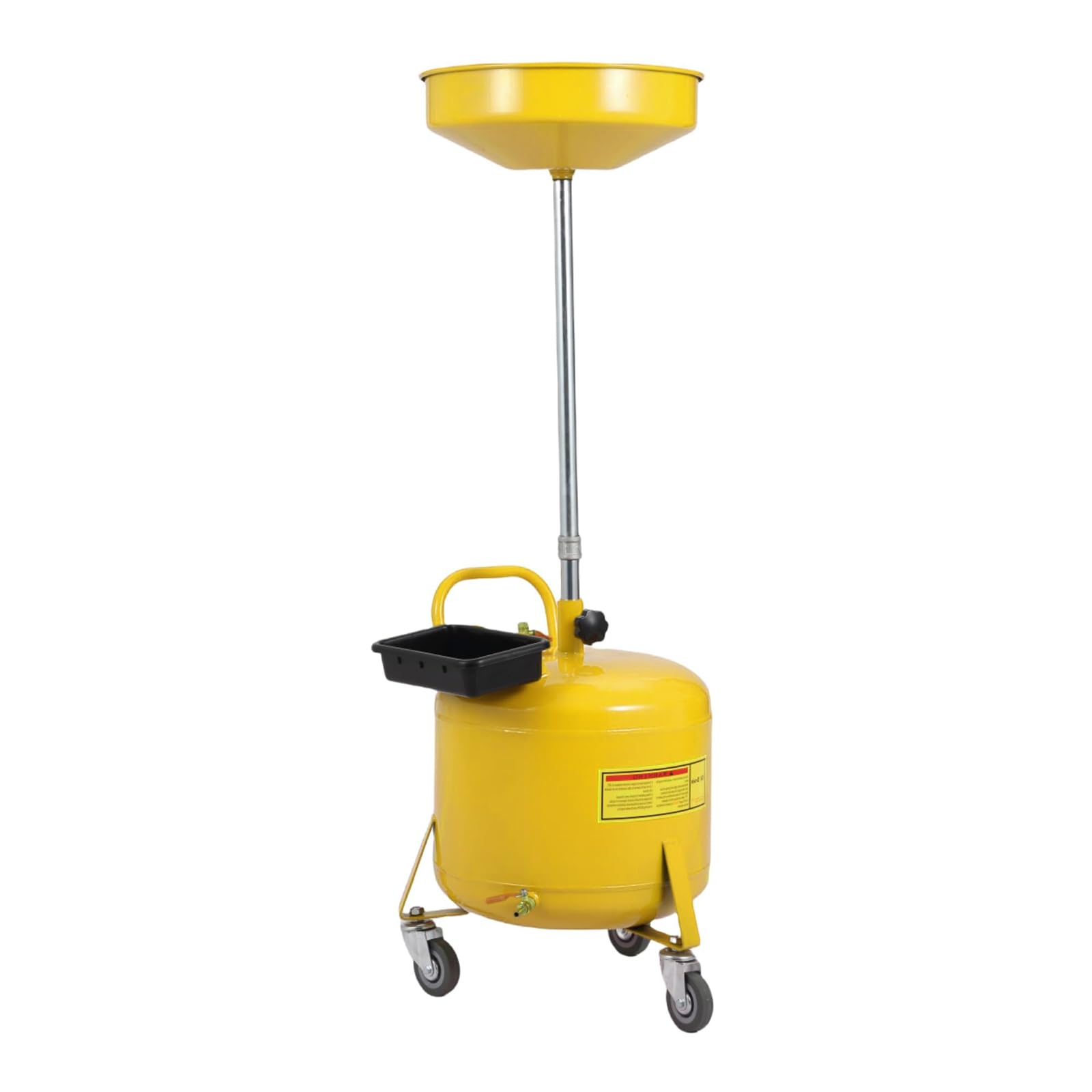 Powder-coated steel oil drain tank with pressure gauge and valve control