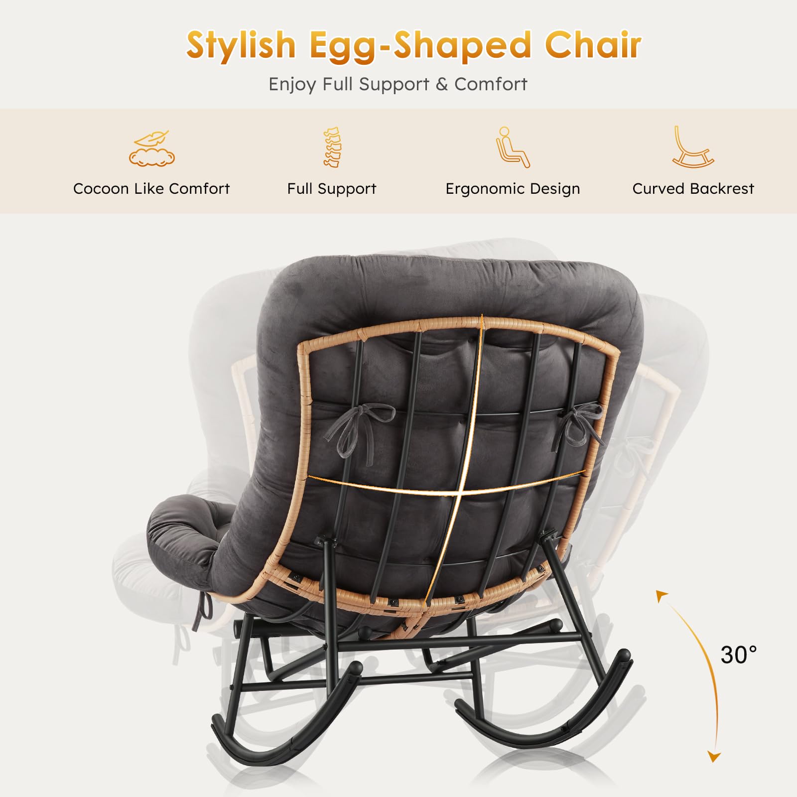 Fauteuil à bascule en forme d'œuf avec un angle de balancement doux de 30 degrés