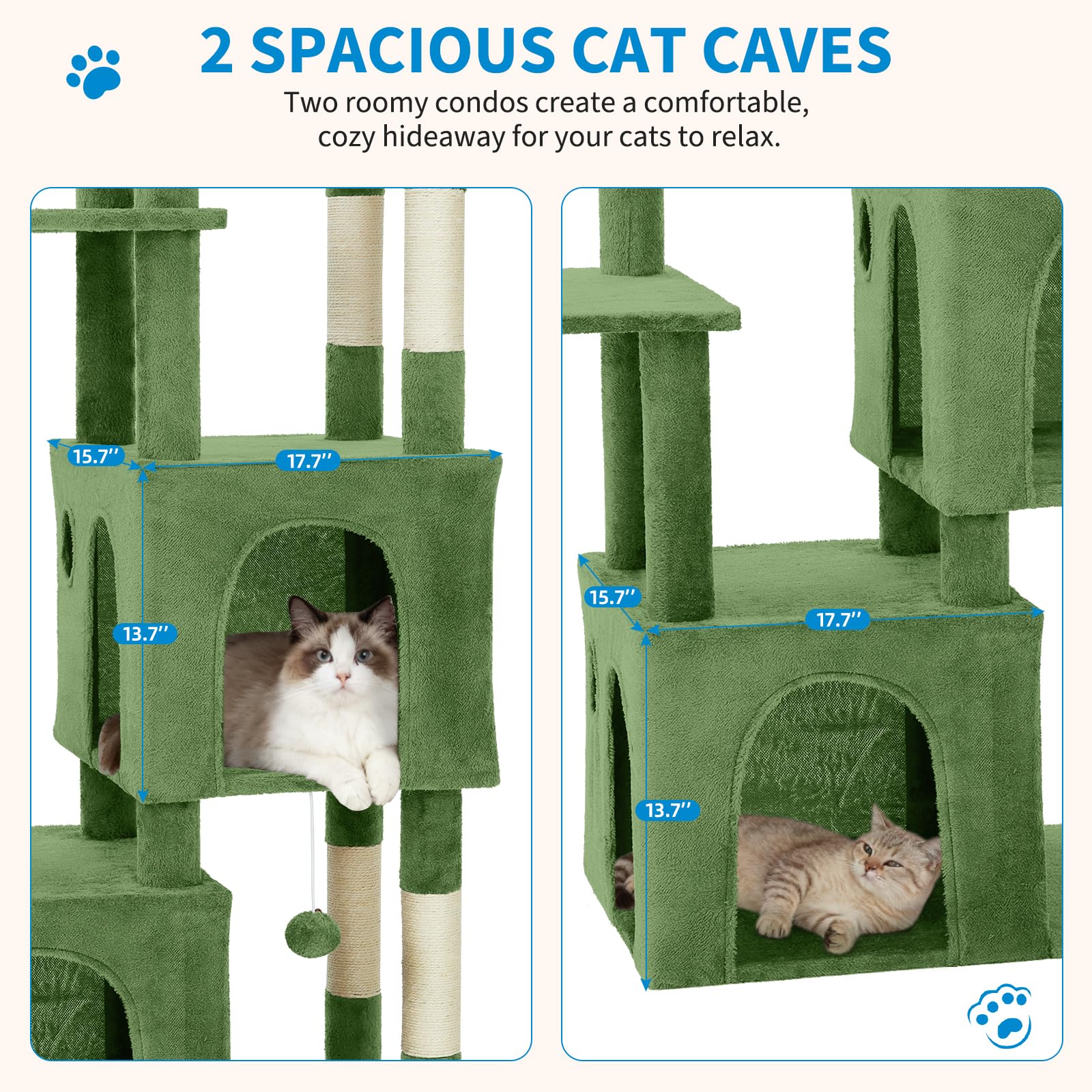 green cat tree with two spacious enclosed condos for resting cats