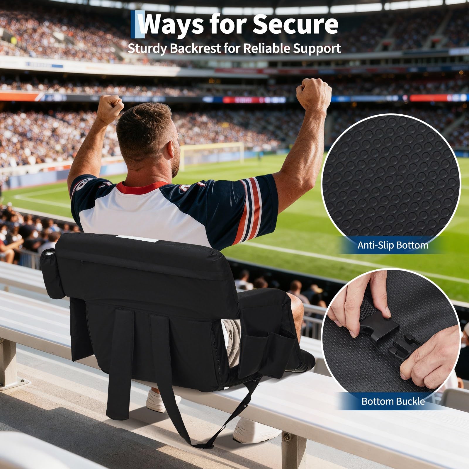 Garvee black and gray stadium seat with anti-slip bottom and secure bottom buckle