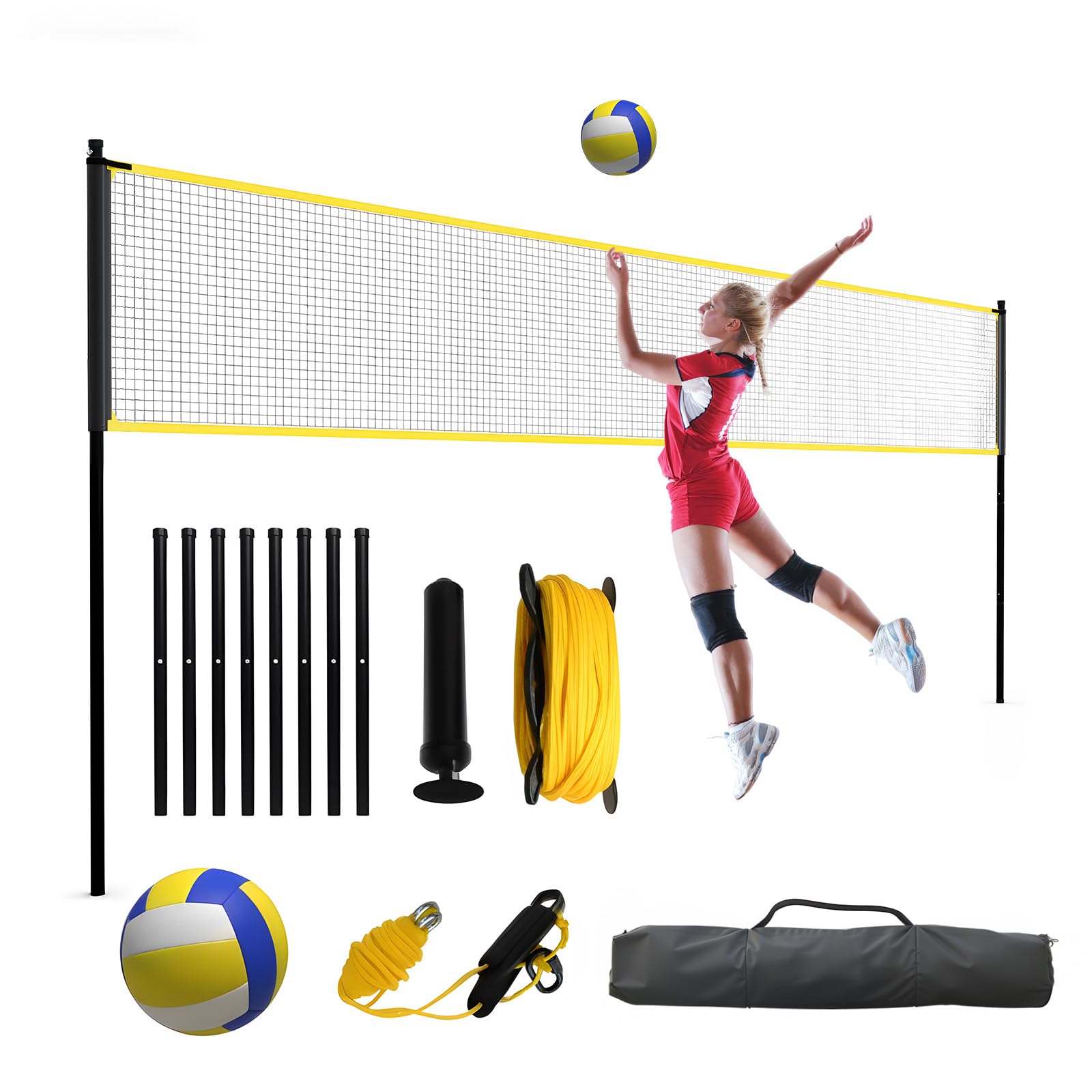Complete portable volleyball net set with ball, pump and carry bag