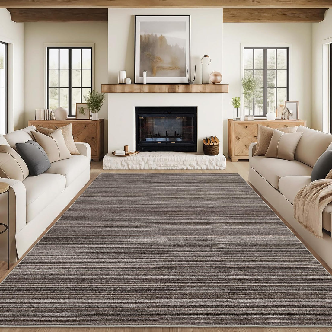 Garvee Modern Striped Washable Area Rug - Low Pile Non-Slip Contemporary Carpet - Soft, Collapsible, Mark Resistant Floor Mat for Living Room, Bedroom, Dining Room, Nursery - Brown, 9x12ft (274x366cm)