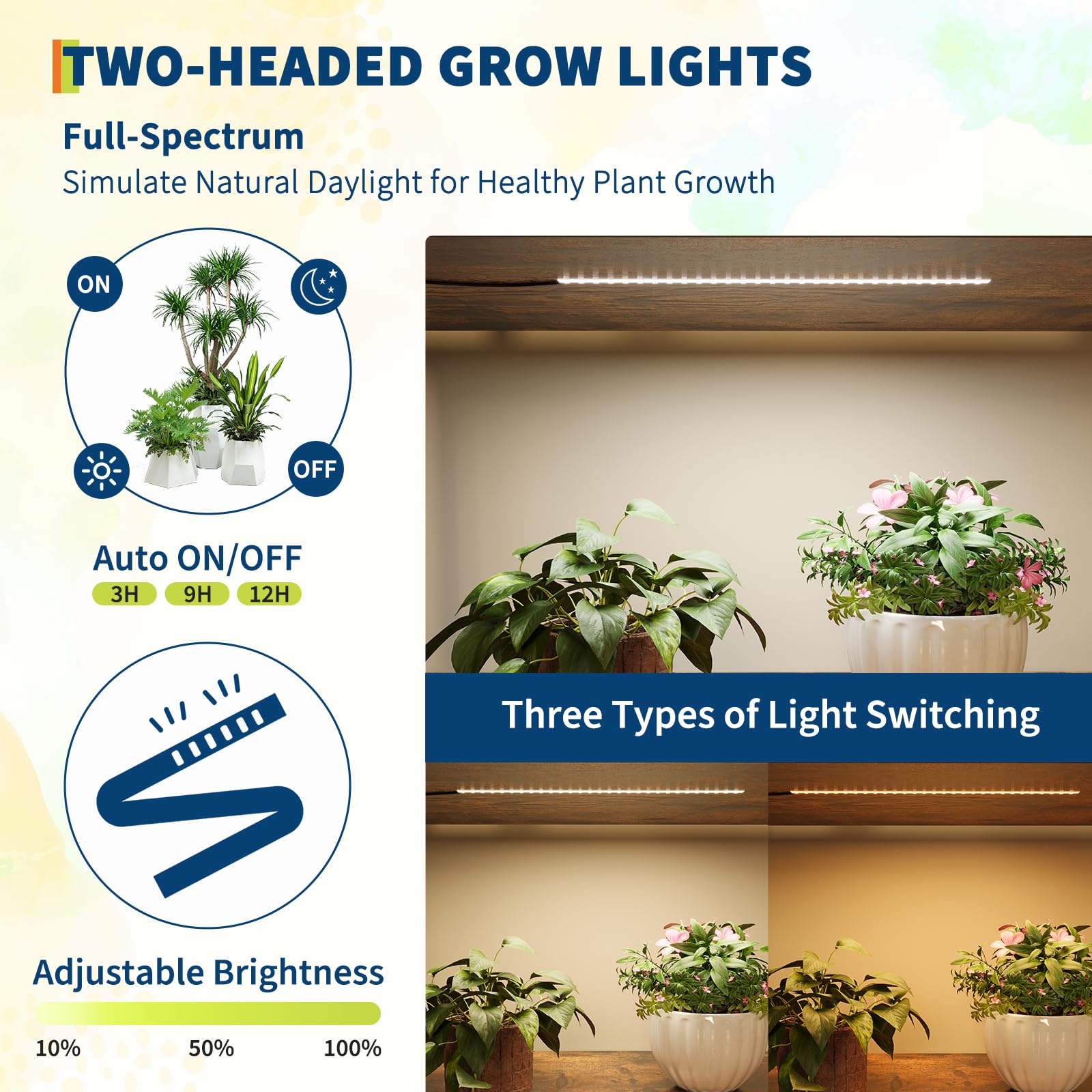 Dual-headed grow lights with adjustable brightness and timer