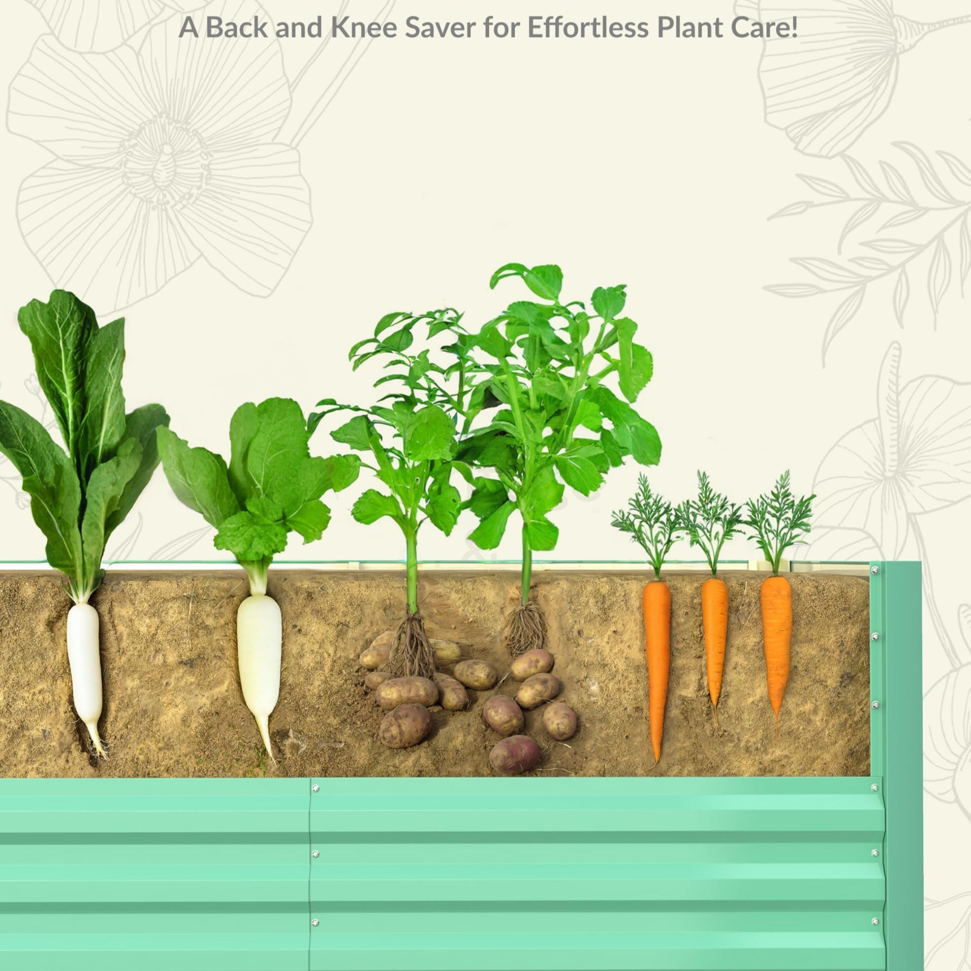 Green raised garden bed cross section showing root vegetables growing in deep soil