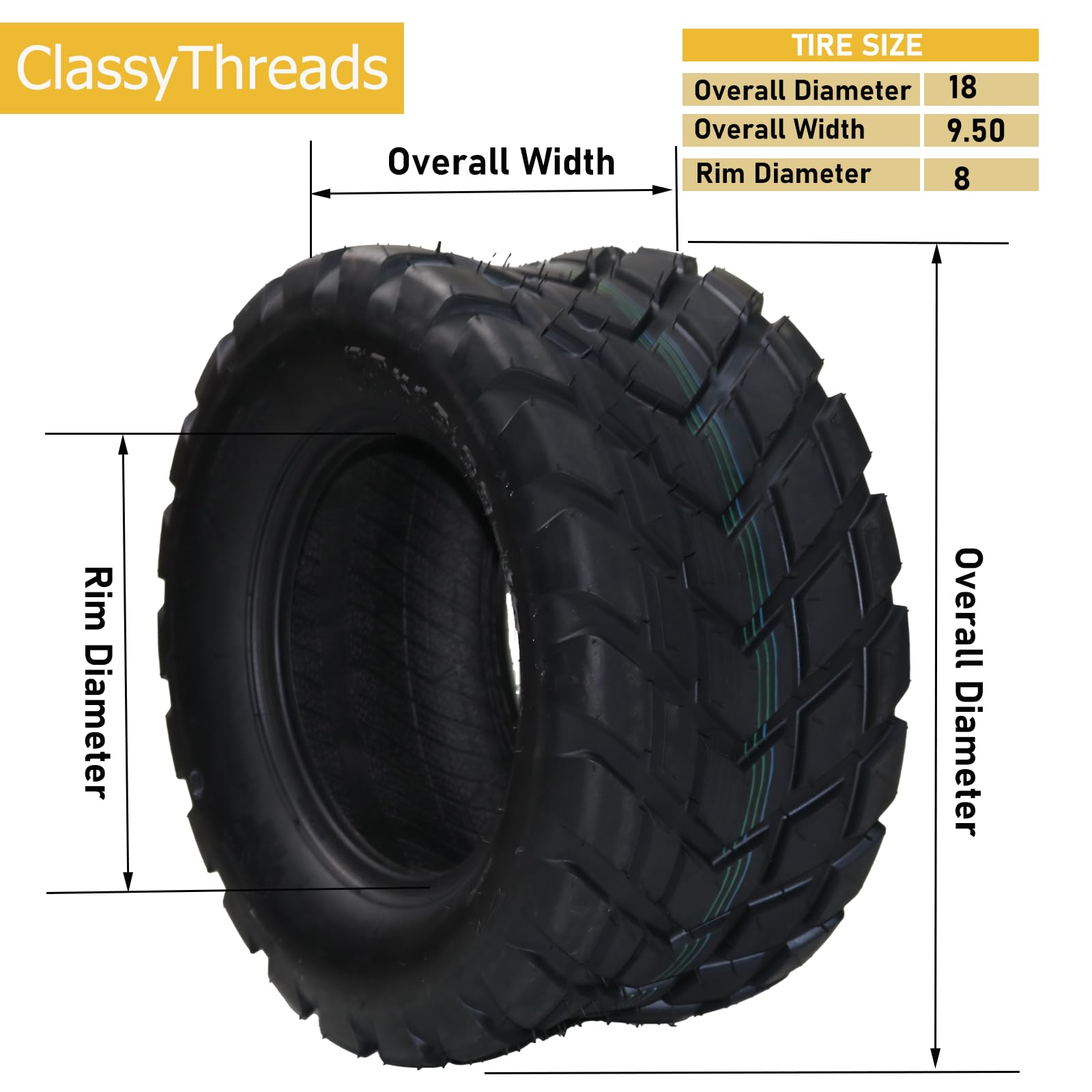 18x9.50-8 ATV tire dimension diagram