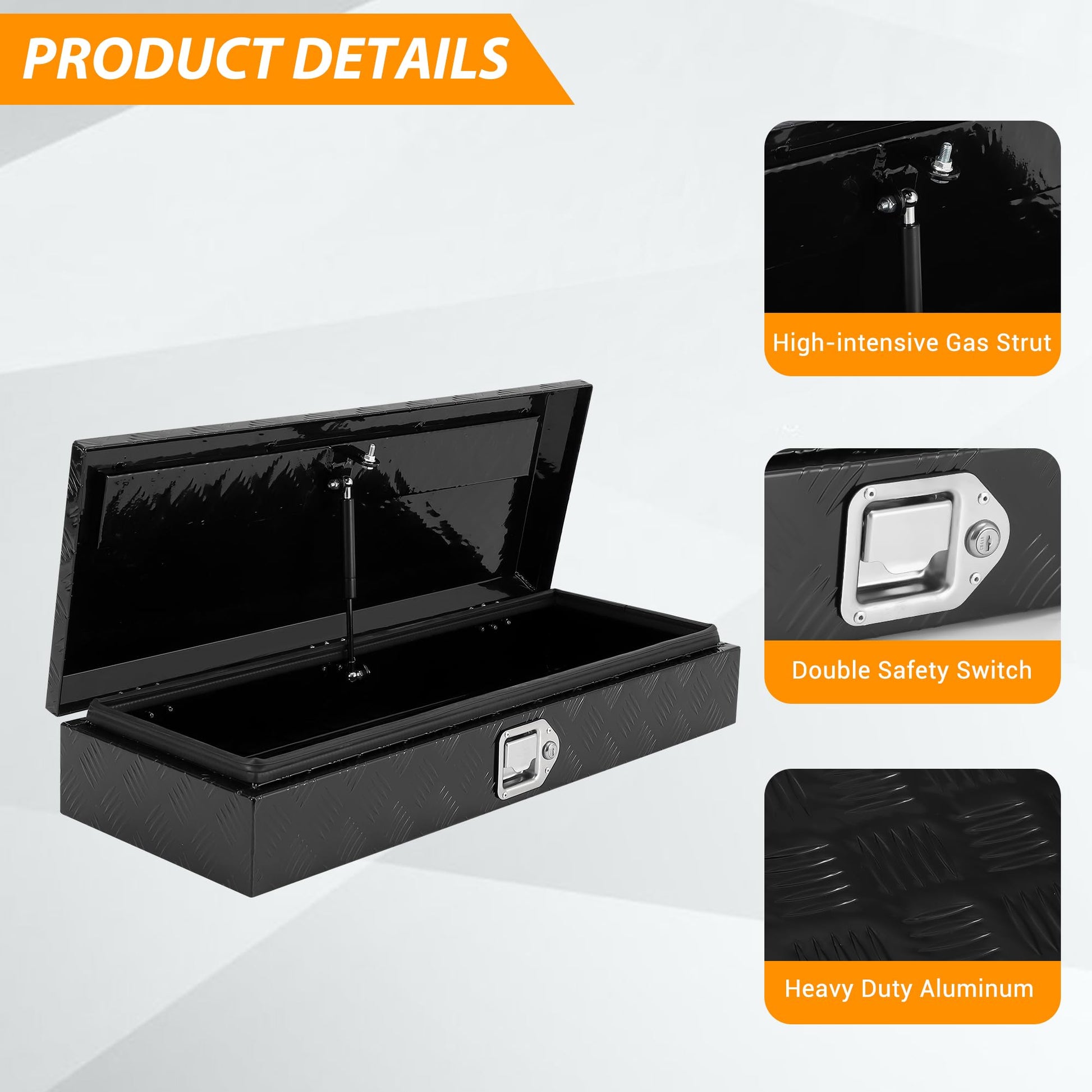 Gas strut lid and lock details on aluminum truck tool box
