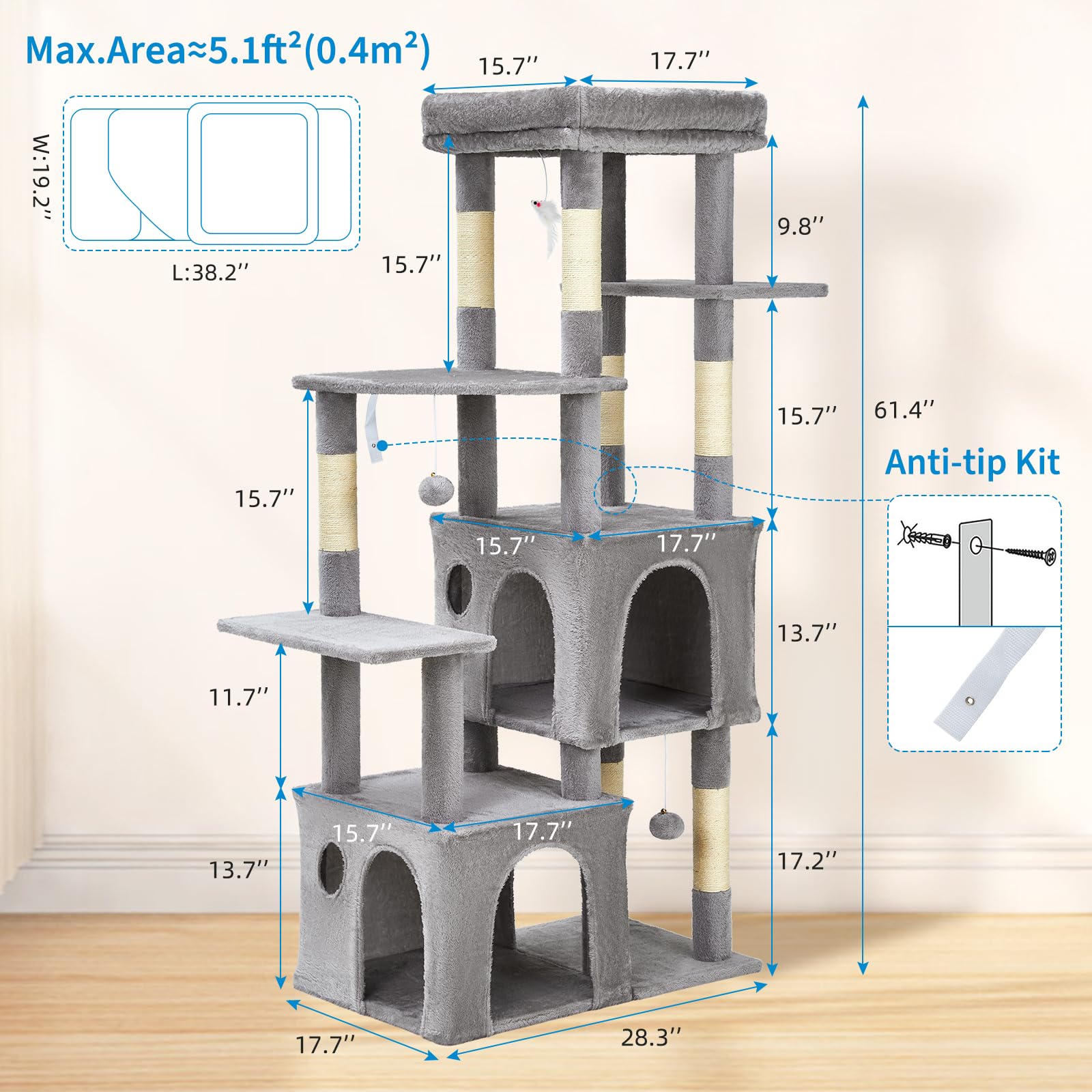 light gray 61 inch cat tree with labeled dimensions, wide footprint, and anti tip kit