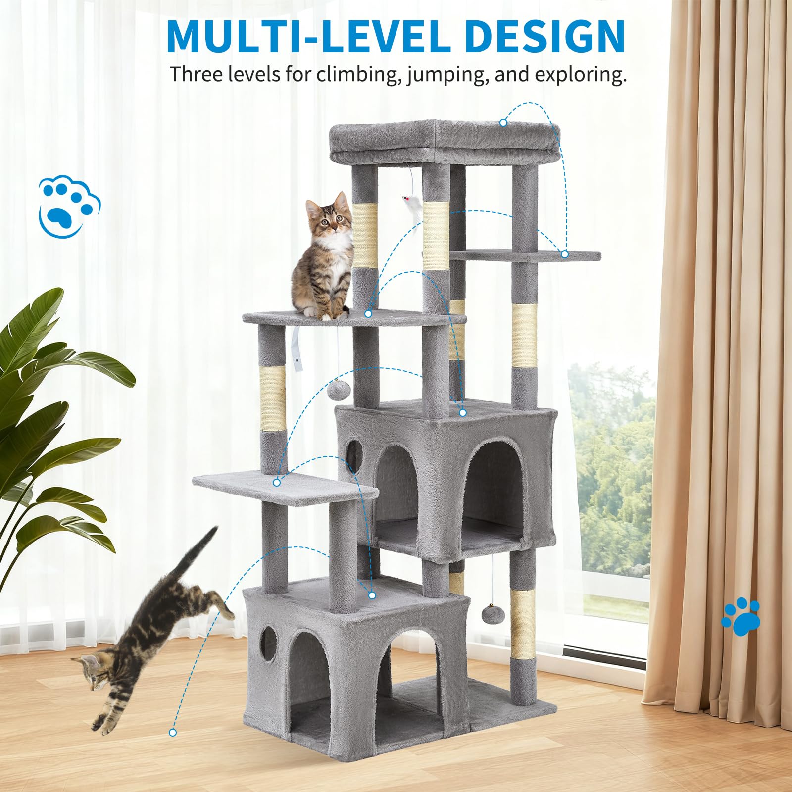 light gray multi level cat tree showing climbing routes and elevated platforms