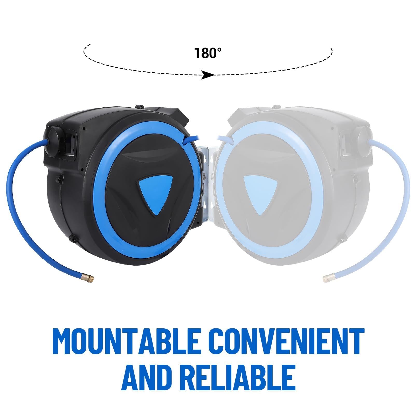 Blue retractable air hose reel rotating through a 180 degree wall mounted range