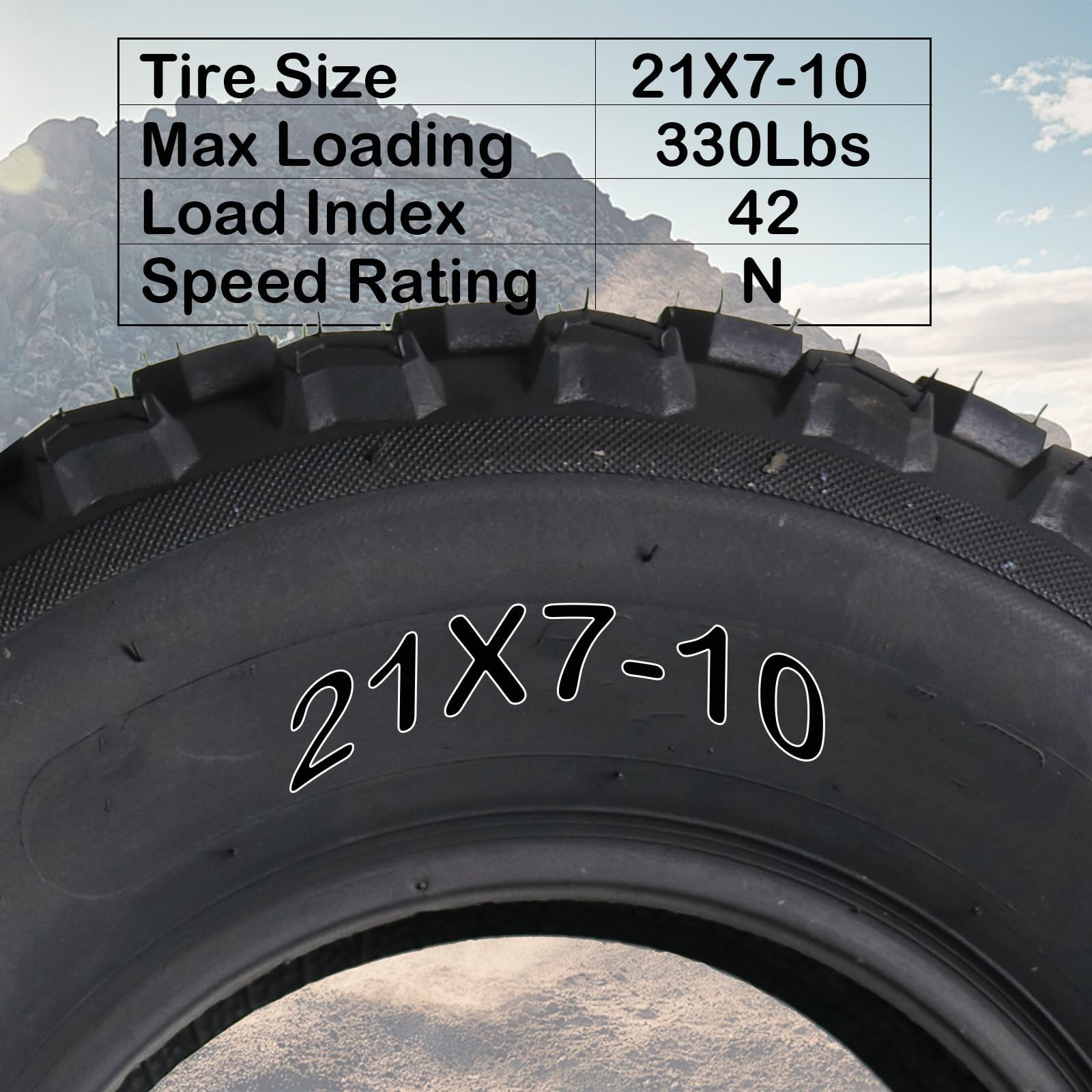 21x7-10 ATV tire with load capacity, load index, and speed rating
