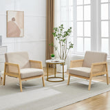 Garvee Mid Century Modern Accent Chair with Rattan Backrest, Armchair with Sturdy Wood Legs, Beige Thick Linen Cushion, for Bedroom Balcony Apartment, Beige (2 PCS)