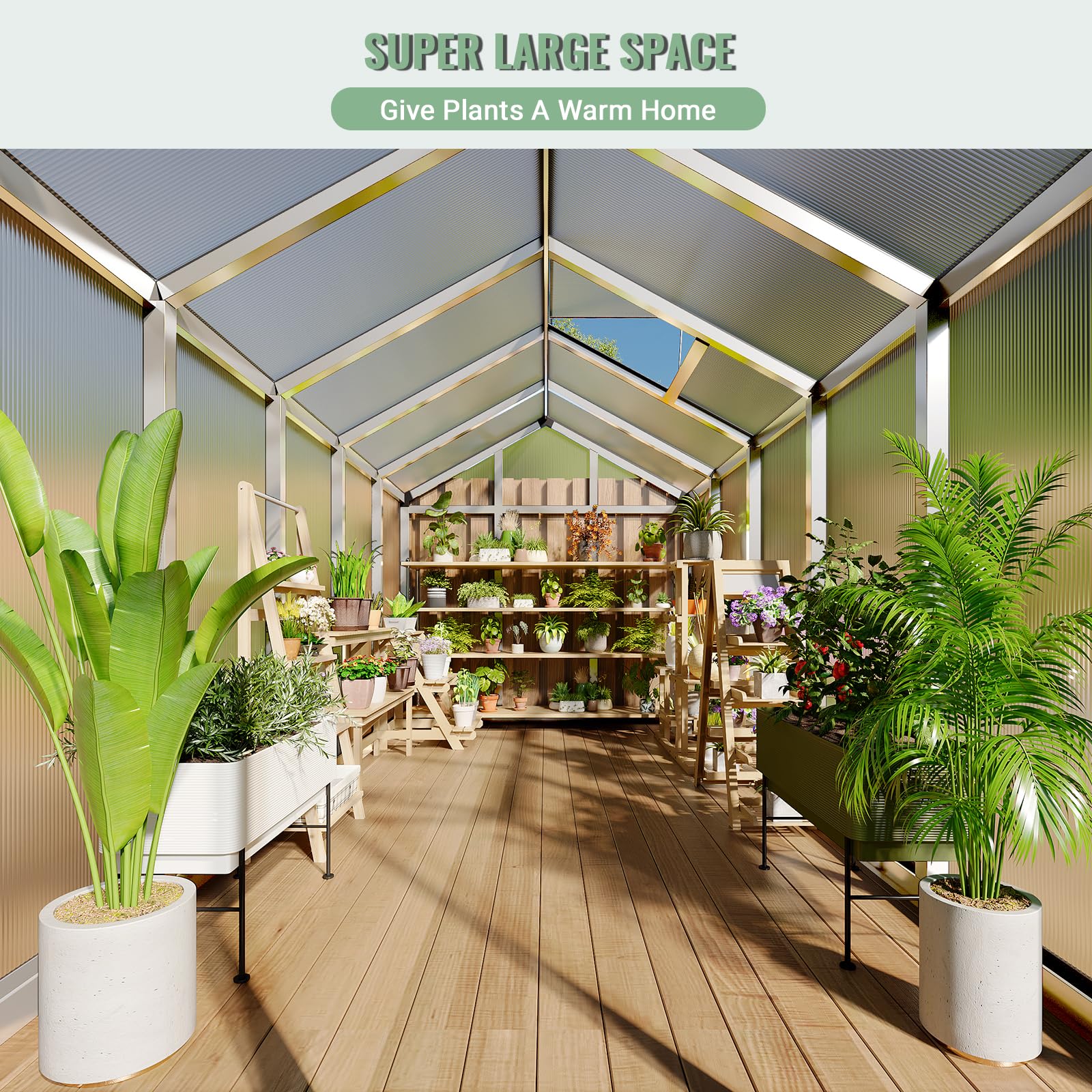 Spacious interior greenhouse space for organizing plants and supplies