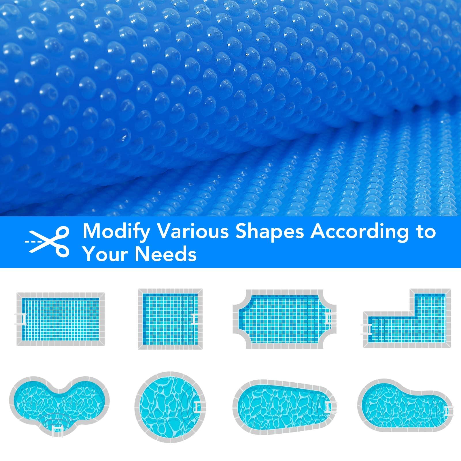 Blue bubble pool cover shown with diagrams of multiple pool shapes
