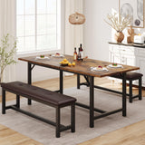 Garvee 63" Extendable Dining Table Set for 4-6 People, 3-Piece Kitchen Table Set with 2 Upholstered Benches, Farmhouse Dining Room Table Set for Kitchen, Living Room, Apartment, Brown - Brown