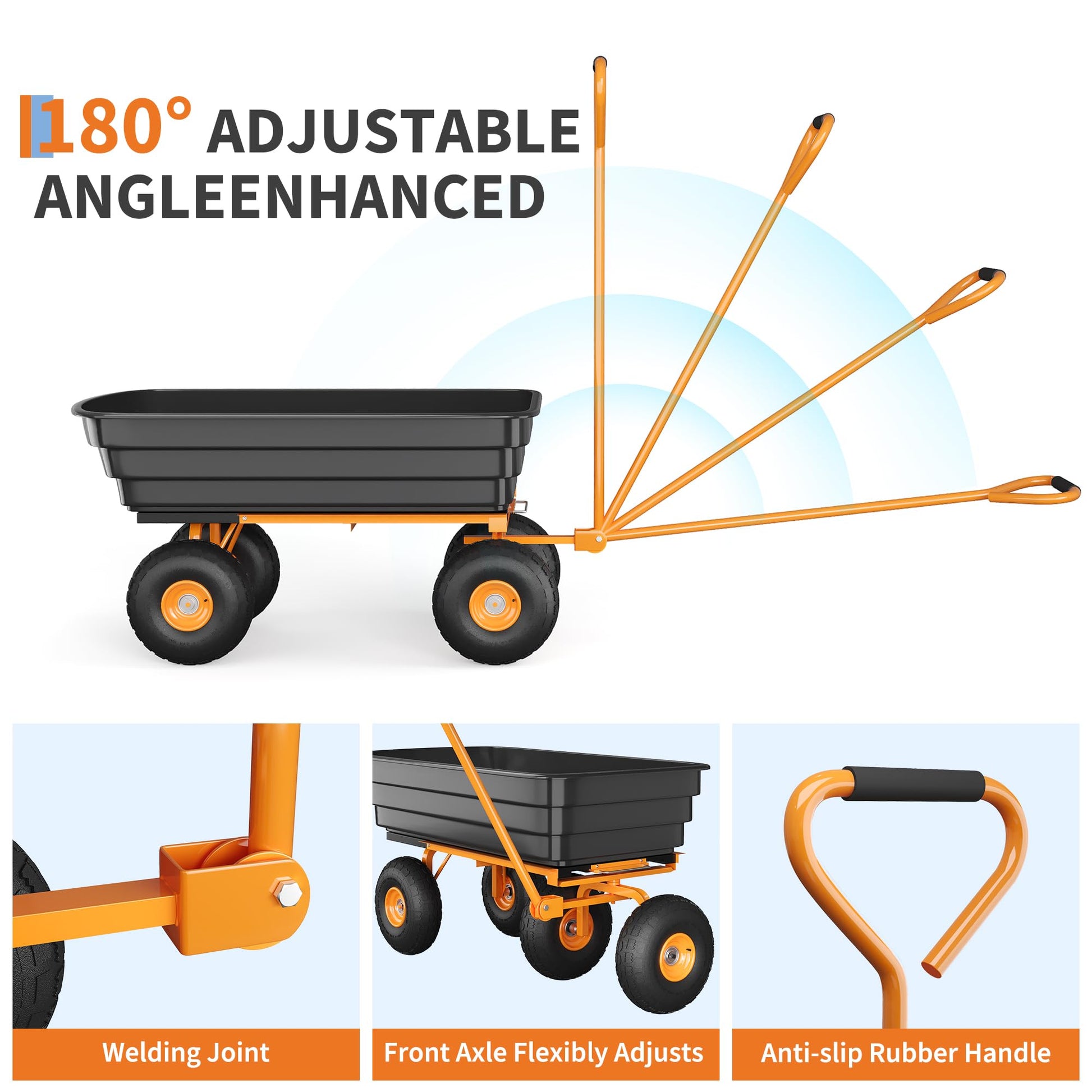 Adjustable handle with anti-slip grip on yard wagon
