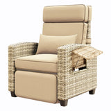 Garvee Outdoor Recliner Chair with Cushion, Adjustable Patio Lounge Chair with Flip-Up Side Table, 145° Reclining Backrest & Footrest, All-Weather PE Wicker, for Deck, Balcony, Poolside, Porch - Brown Rattan + Khaki Cushion