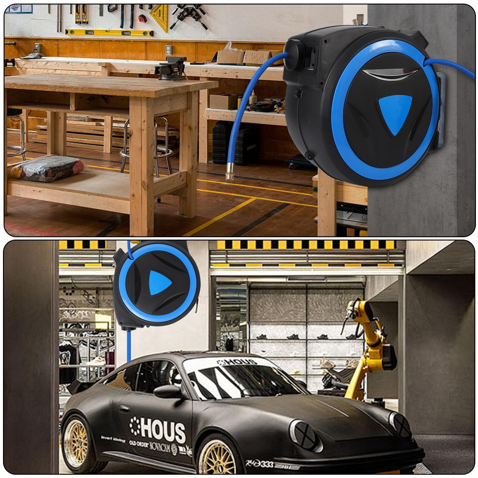 Blue retractable air hose reel mounted in workshop and garage work areas