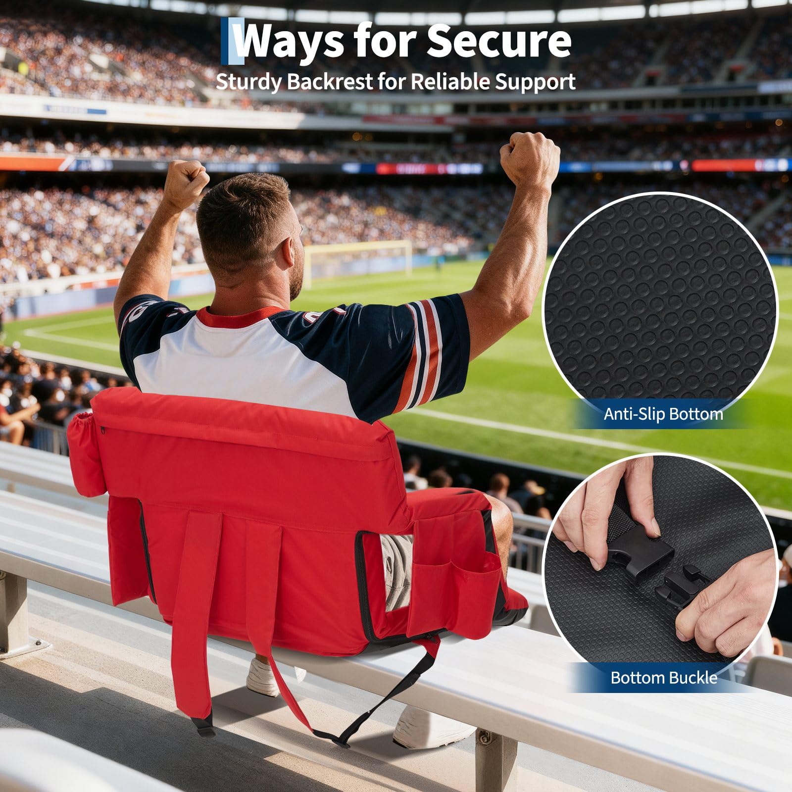 Garvee red stadium seat with anti-slip bottom and secure bottom buckle