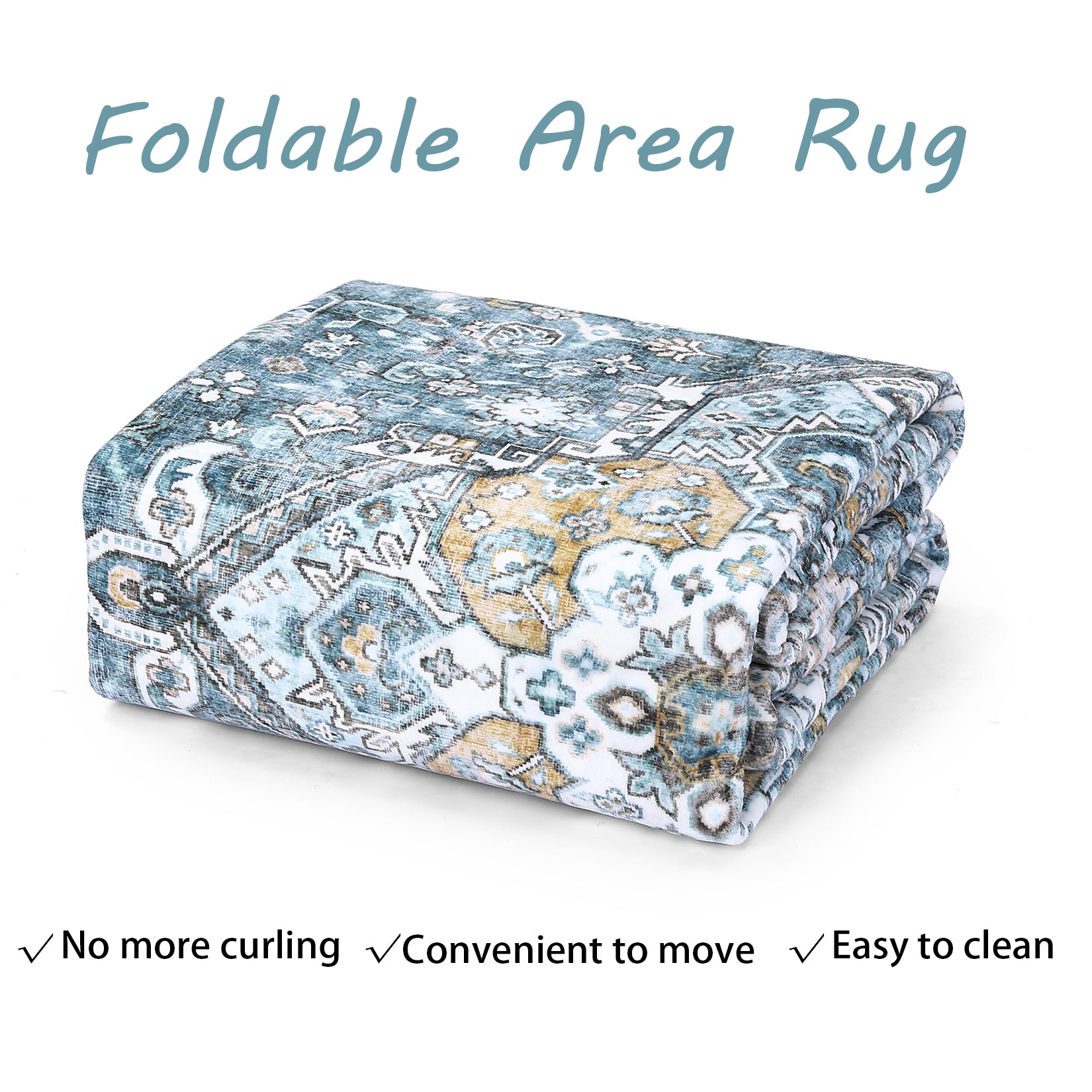 Folded blue washable area rug showing flexible construction