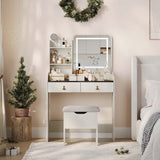 Garvee Small Vanity Desk, Makeup Table with Lighted Mirror and Charging Station, Modern Vanity Table Set with Storage Drawers, Open Shelves and Storage Stool, Ideal for Girls Women, Grey - Grey