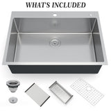 Garvee 30x22 Inch Single Bowl Drop-In Kitchen Sink, 1.35mm 304 Stainless Steel, Flattop Design, Includes Dish Drain Rack, Strainer, Protective Bottom Grid Mat - Without Ledge