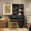 Garvee Black Vanity Desk with Mirror and Lights, Makeup Vanity Desk with Sliding LED Lighted Mirror, Power Outlet, Makeup Vanity Set with 4 Drawers, Storage Shelves, Cushioned Stool for Bedroom