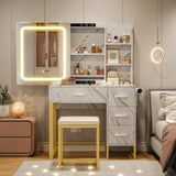 Garvee Vanity Desk with Mirror and Lights, Makeup Vanity Desk with Sliding LED Lighted Mirror, Power Outlet, Makeup Vanity Set with 4 Drawers, Storage Shelves, Cushioned Stool for Bedroom, Marble White - Imitation Marble