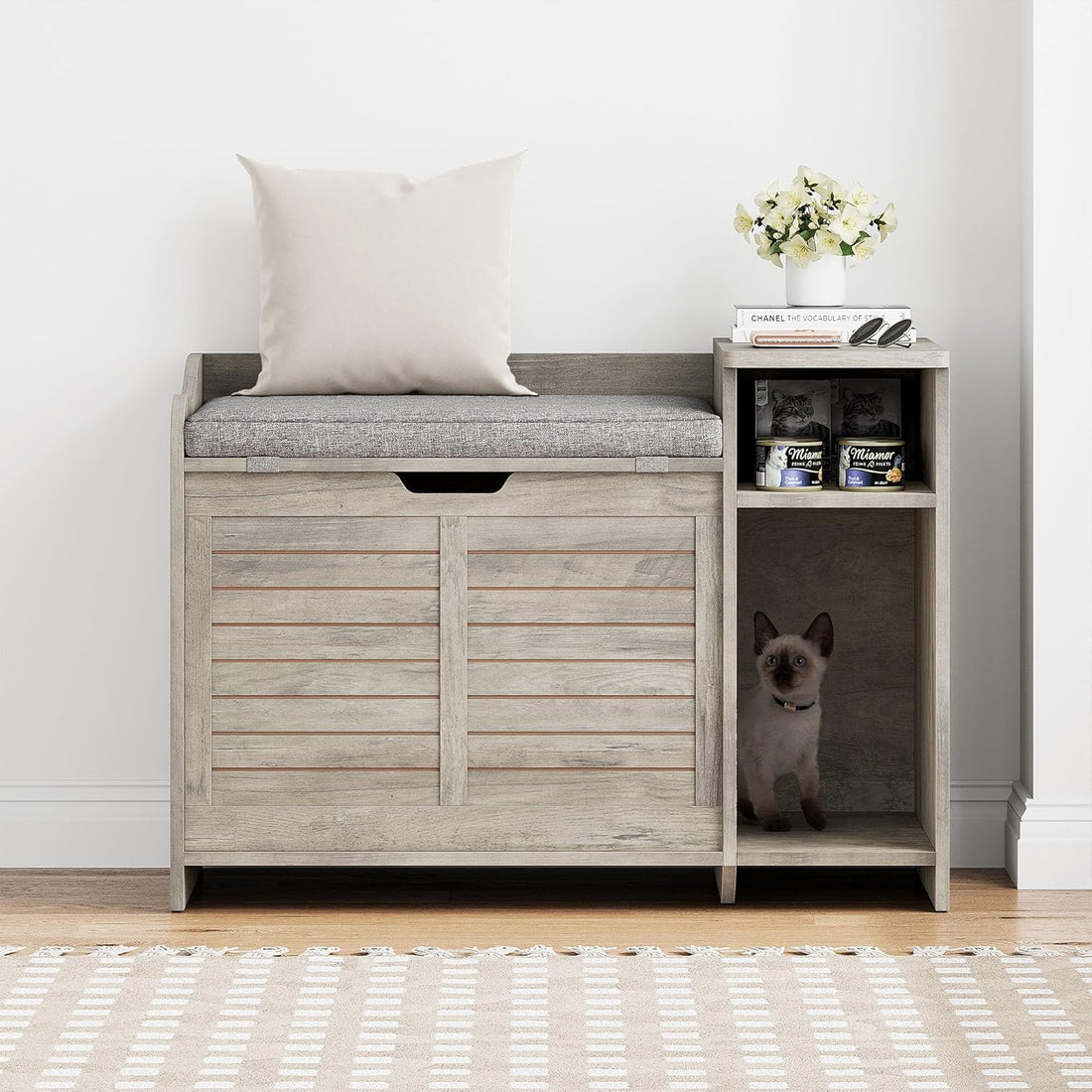 Garvee Cat Litter Box Enclosure with Cushion, Hidden Cat Litter Box Furniture, Cat Litter Box Furniture with Top Opening, Flip Top Litter Box Enclosure Cat House, Grey