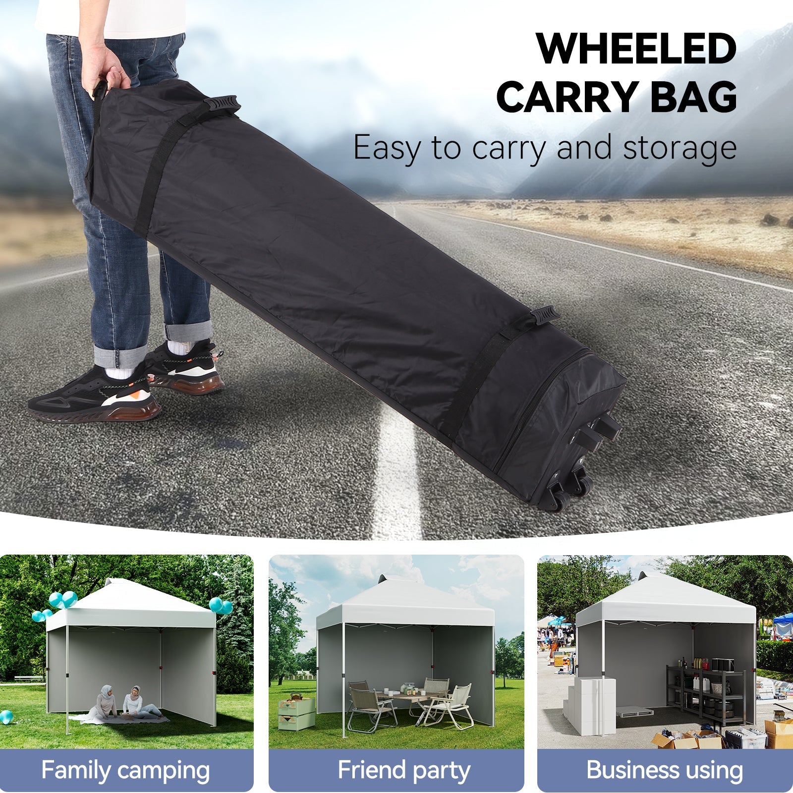 wheeled canopy carry bag with beach camping patio and market use scenes